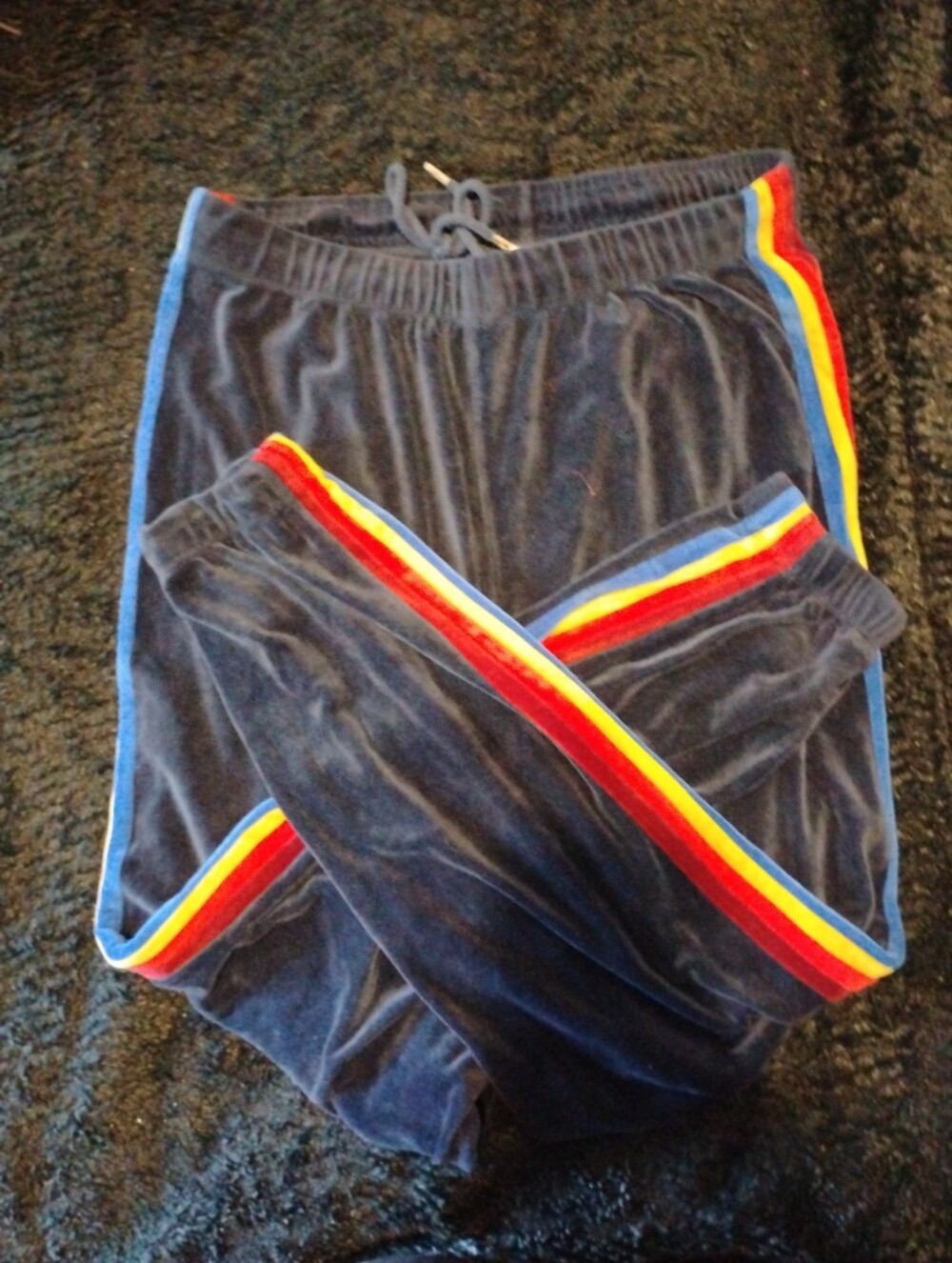 Garage Navy Velour Track Pants with Rainbow Side Stripes